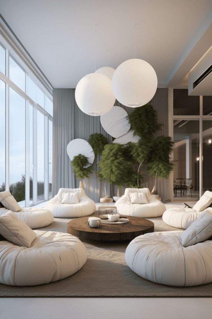 Minimalist seating with meditative calming ambiance.