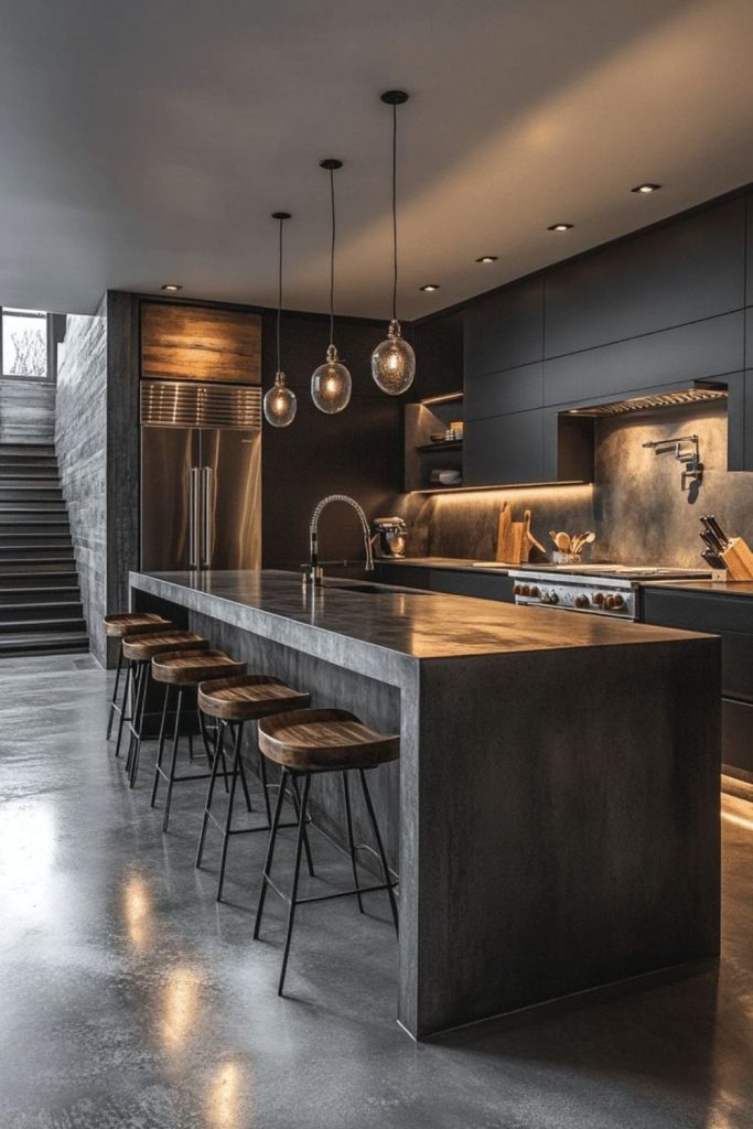 Mottled grey concrete floor with rugged texture.