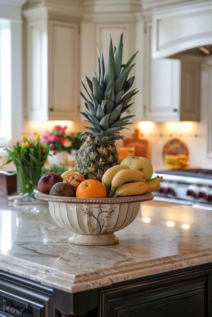 Colorful fruits sparkling in acrylic bowls.