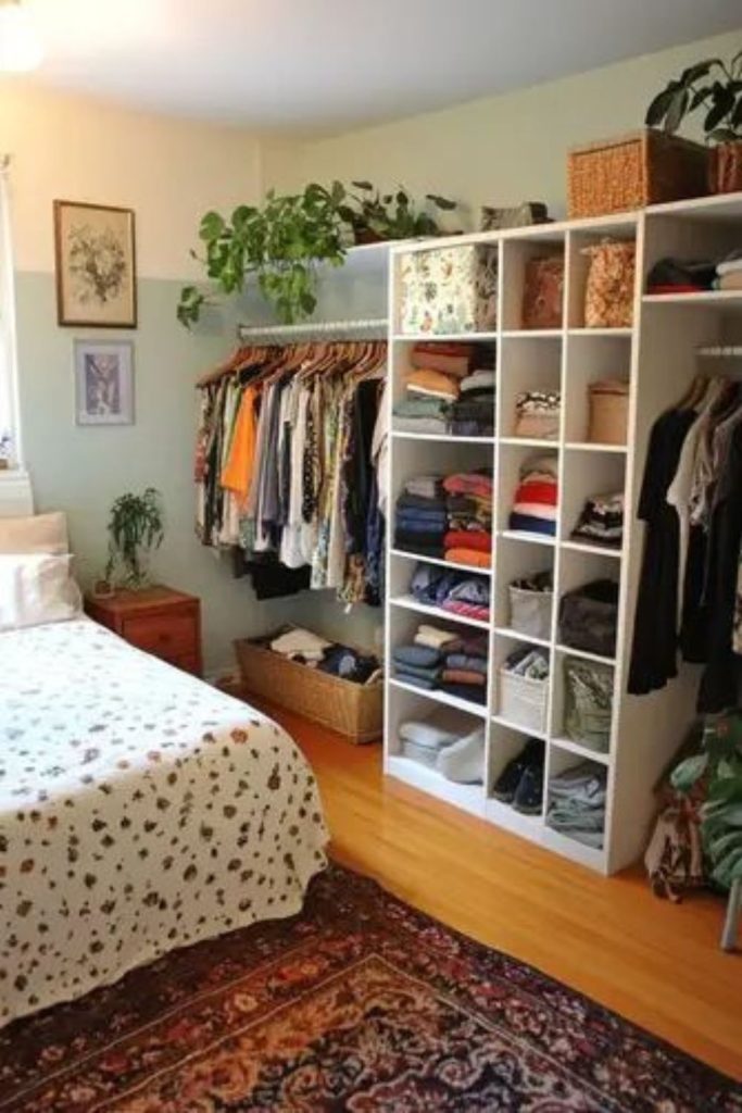 Cube shelves, sofa, soft layered rug