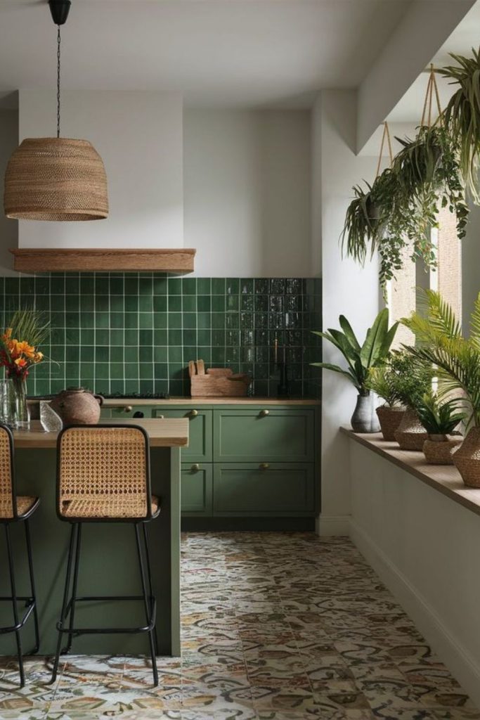 Aloe green soft family friendly kitchen.