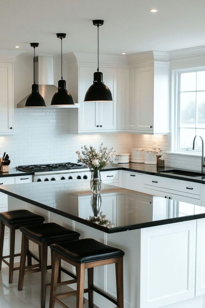 Alpine white cabinets frame black surfaces.