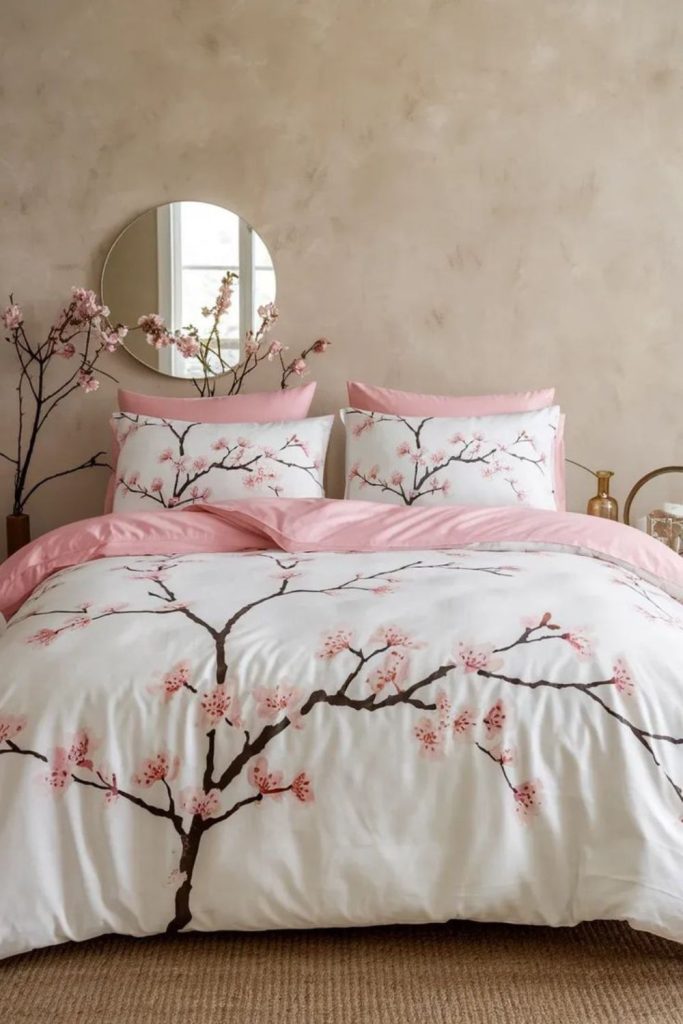 Apple blossom bedding in sunny room