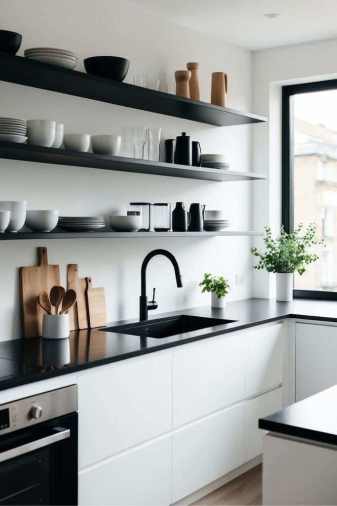 Cool white cabinets balance black countertops.