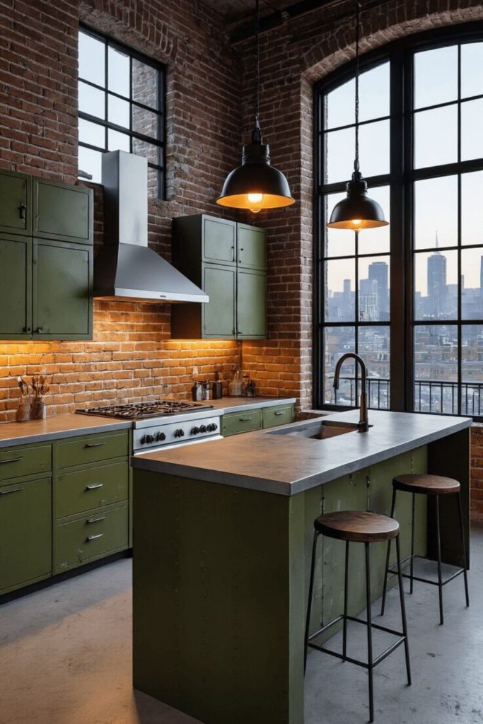 Army green industrial style kitchen space.