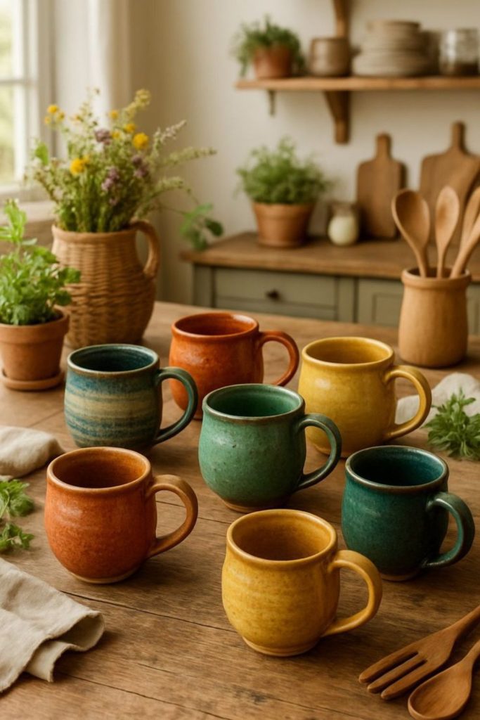 Handcrafted clay mugs and bowls arranged.
