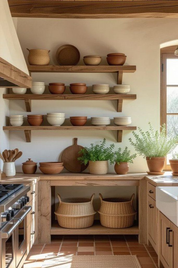 Clay textured island with rustic bowls.