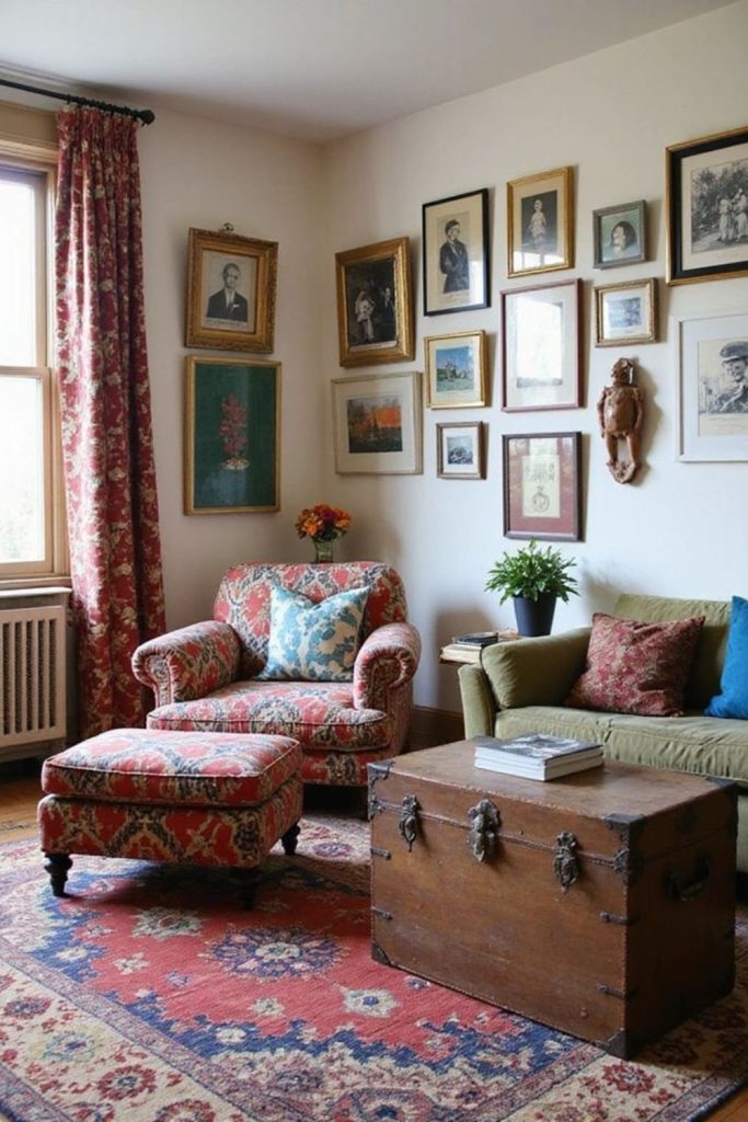 Handcrafted furniture in eclectic living room.