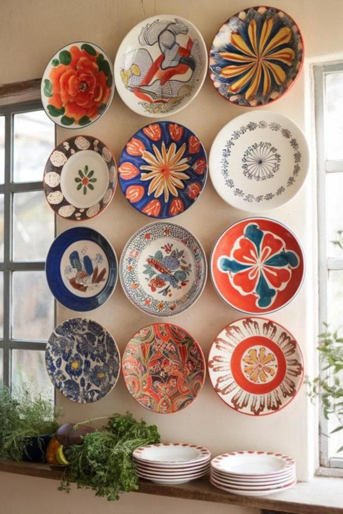 Hand-painted plates displayed like art.
