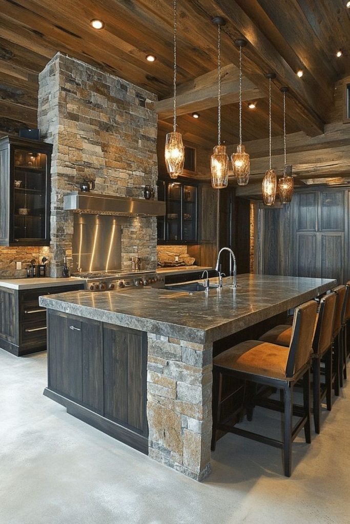 Stone counters with rustic wooden details