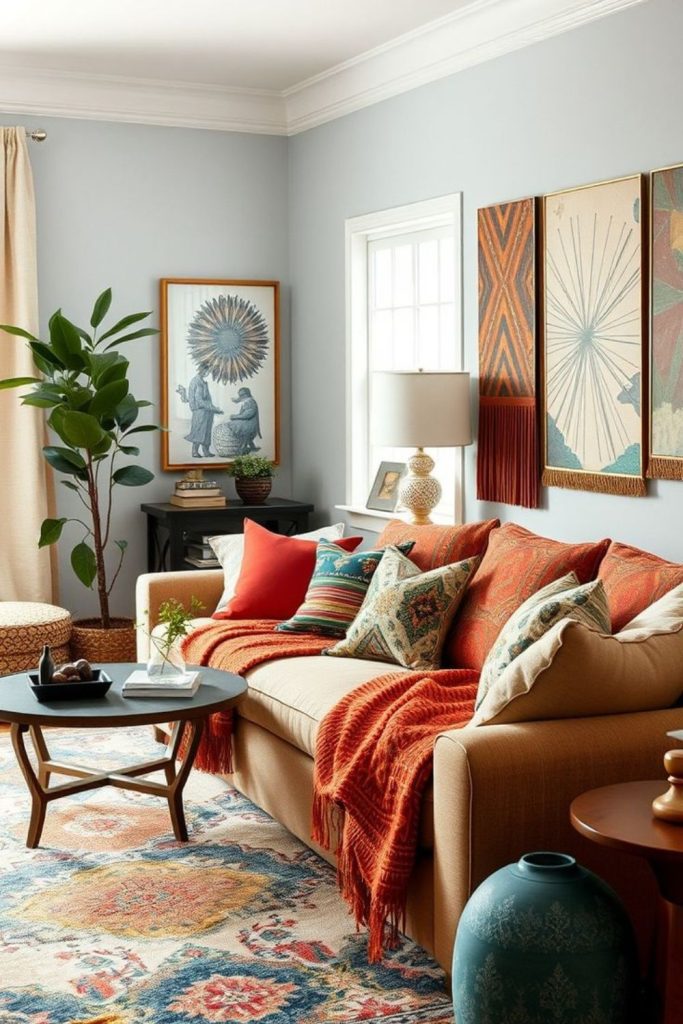 Creative artistic lounge with scattered décor.