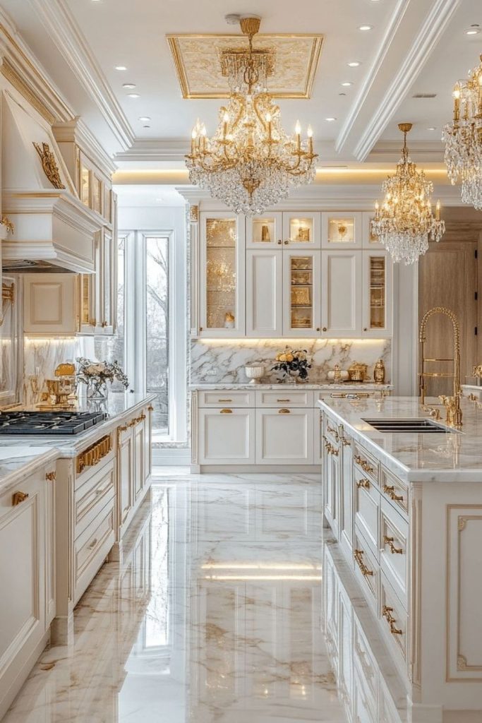 Luxurious baroque kitchen with gold details