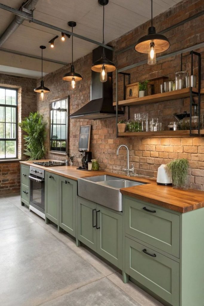 Basil green rustic fusion kitchen interior.