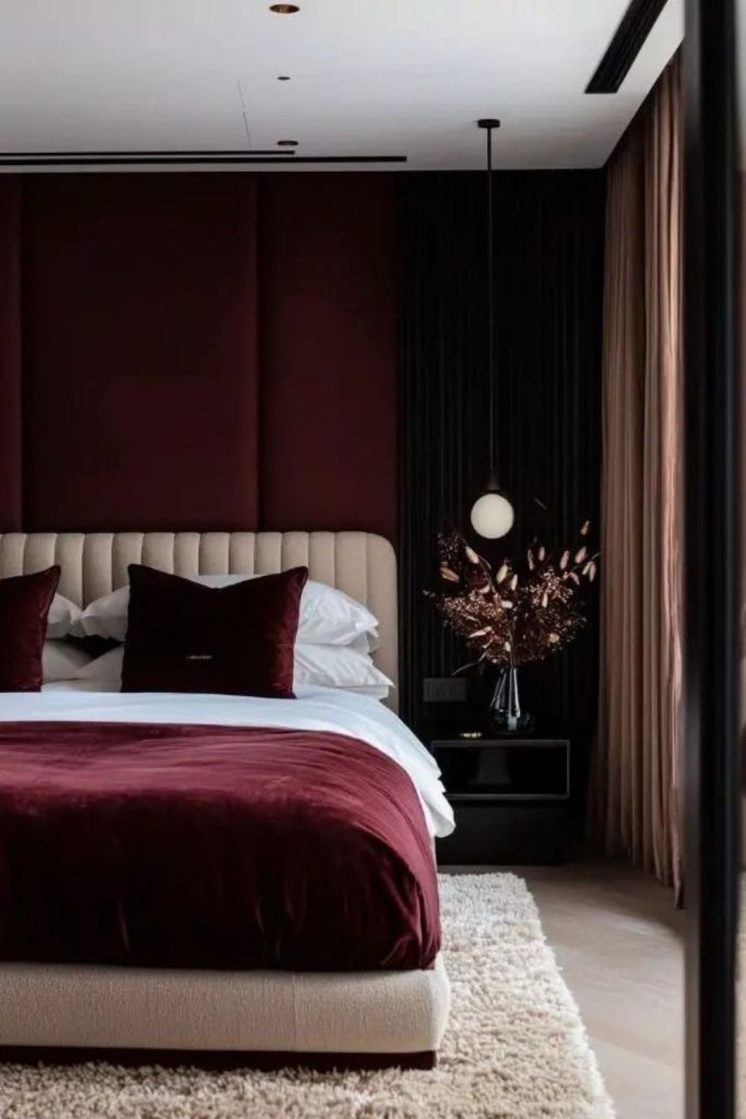 Plush burgundy bedroom soft inviting textures