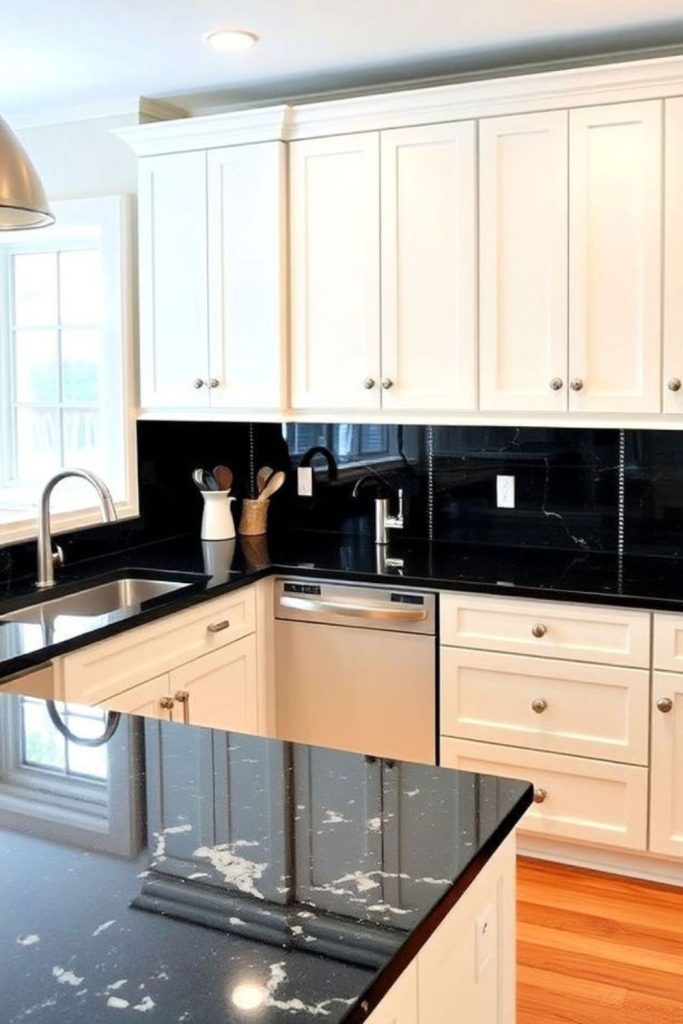 Bleached cabinets meet dark stone countertops.