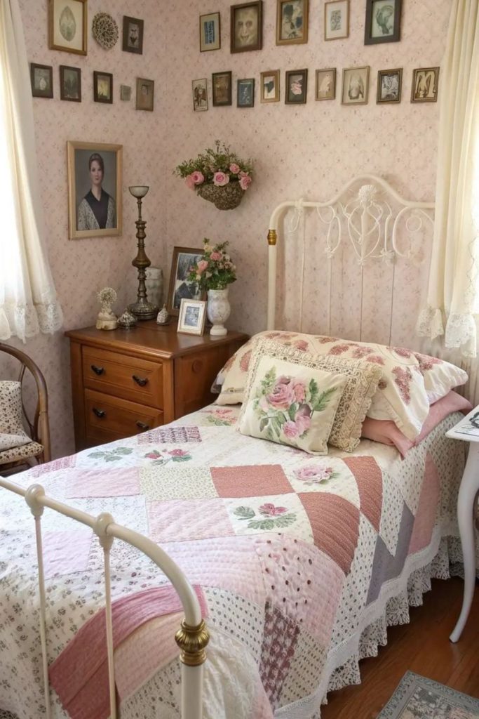 Rosebud quilt bedroom with rocking chair