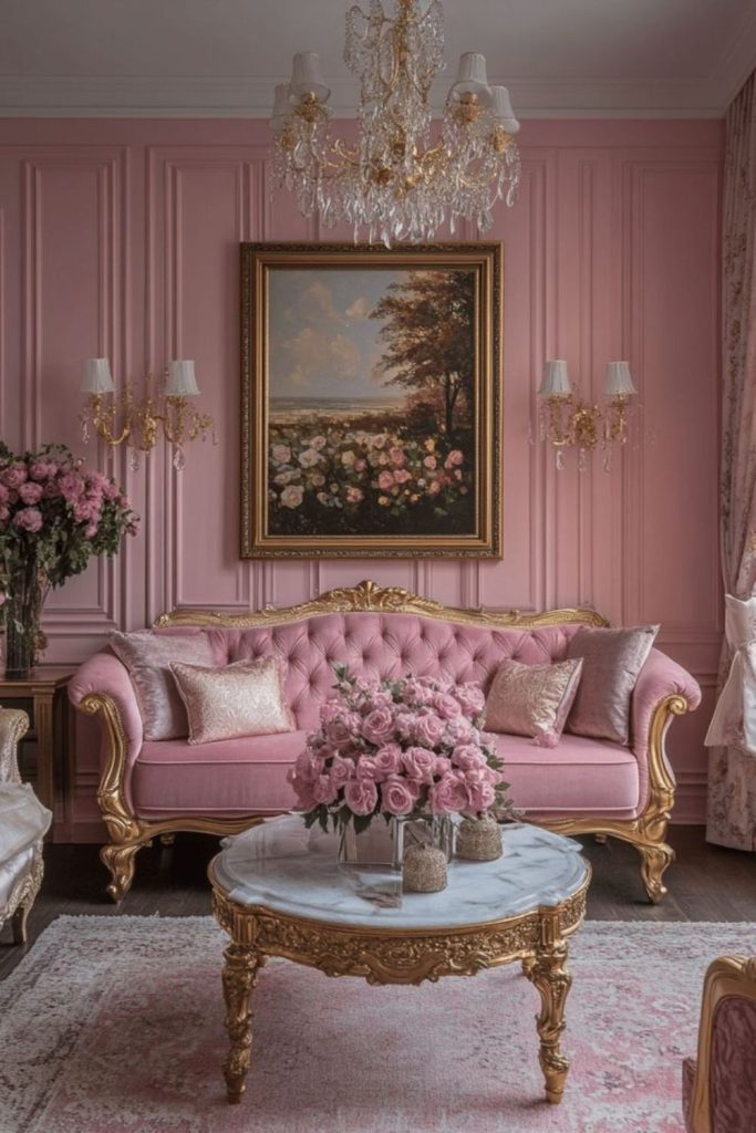 Blush pink whimsical elegant velvet lounge.