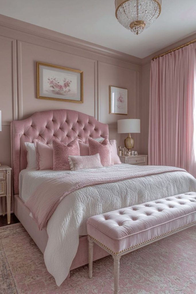 Blush tufted headboard cozy glam bedroom.