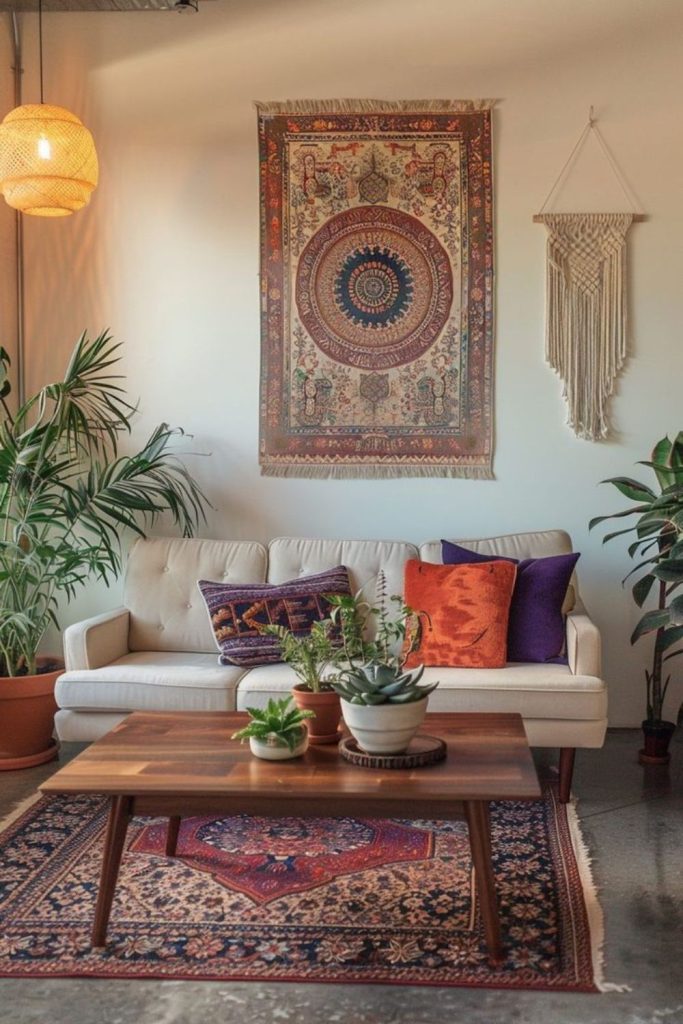 Eclectic bohemian lounge with layered textures.
