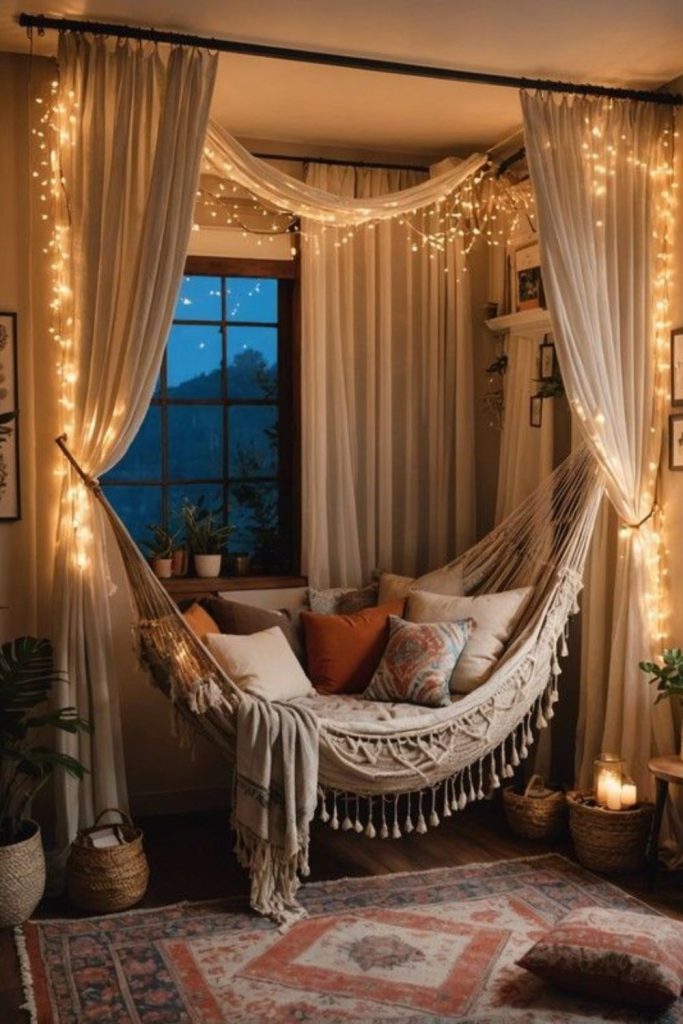 Hammock, macramé, cushions, string lights