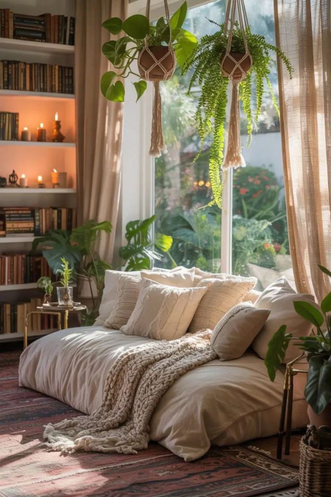 Lush indoor plants hammock cozy seating