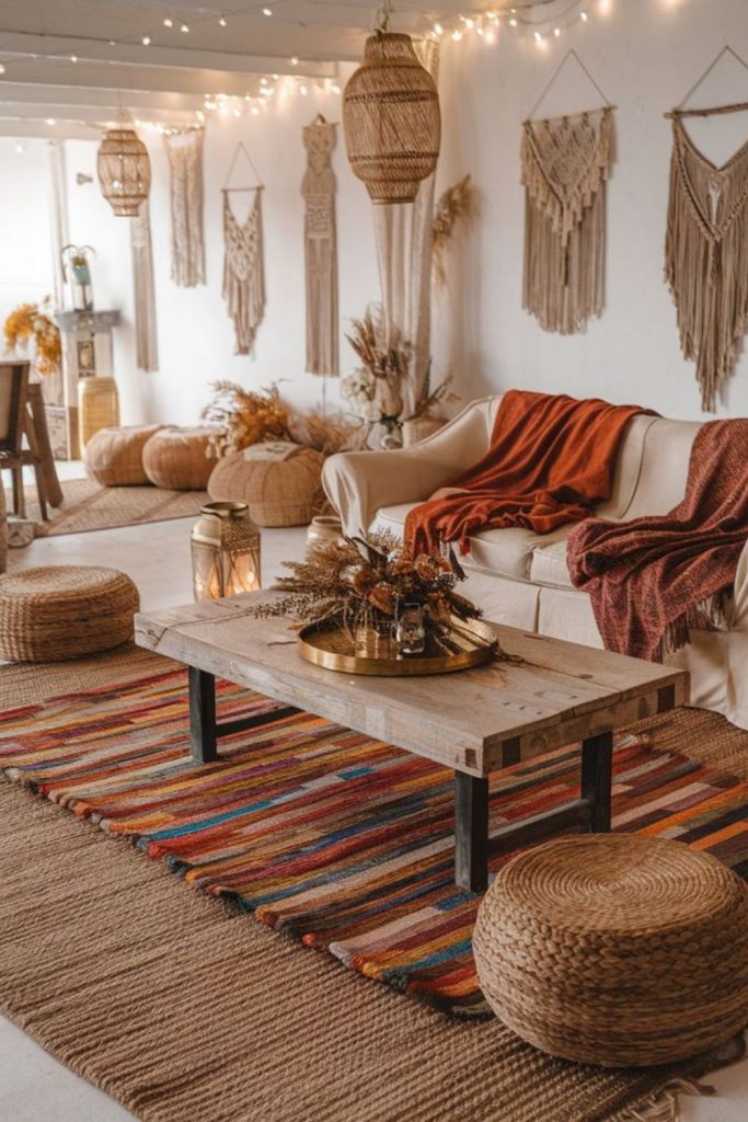 Layered rugs macramé lanterns driftwood