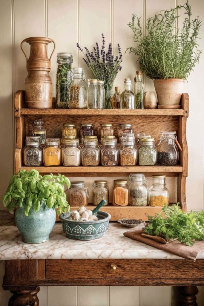 Fresh herbs spilling across wooden shelves.