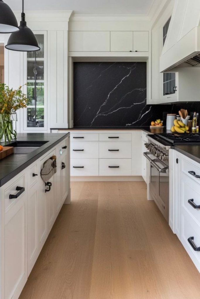 Bonewhite cabinets align with obsidian counters.