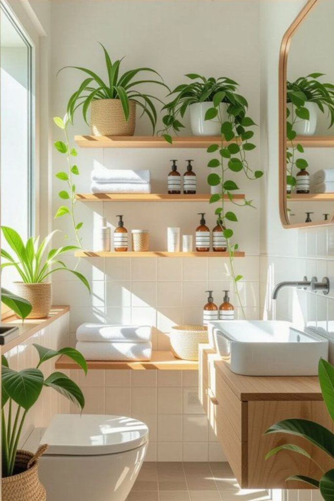Greenery-filled small bathroom oasis