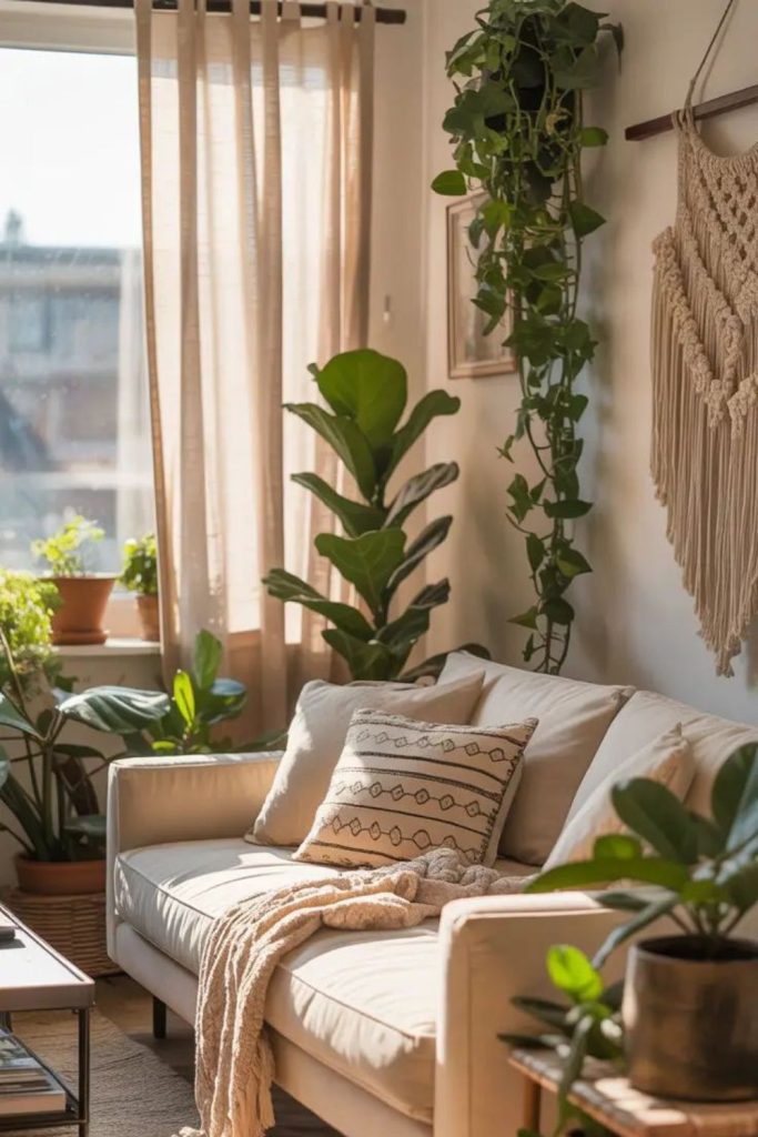 Green plants fill cozy tropical lounge.