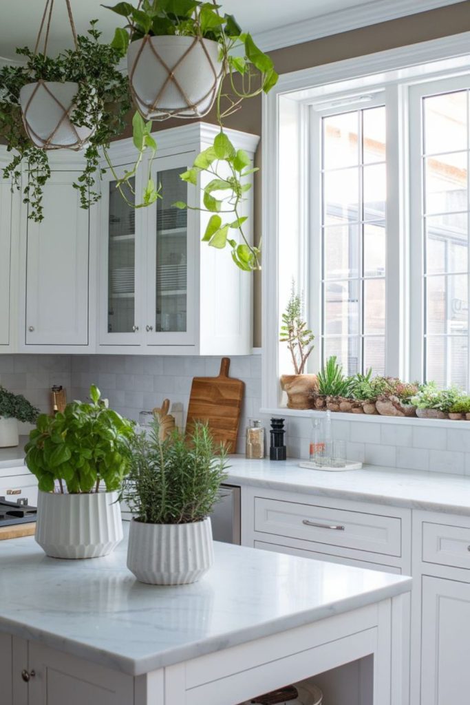 Island surrounded by potted greenery plants.