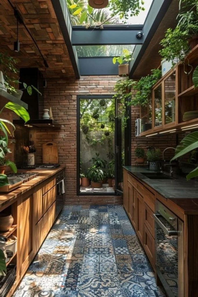 Kitchen surrounded by lush indoor plants