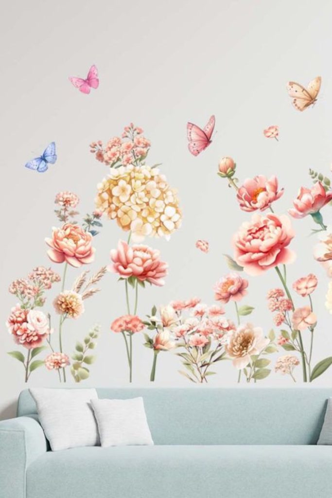 Floral wall decals scattered across walls