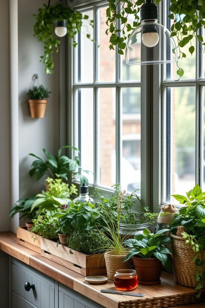 Window ledges filled with potted herbs