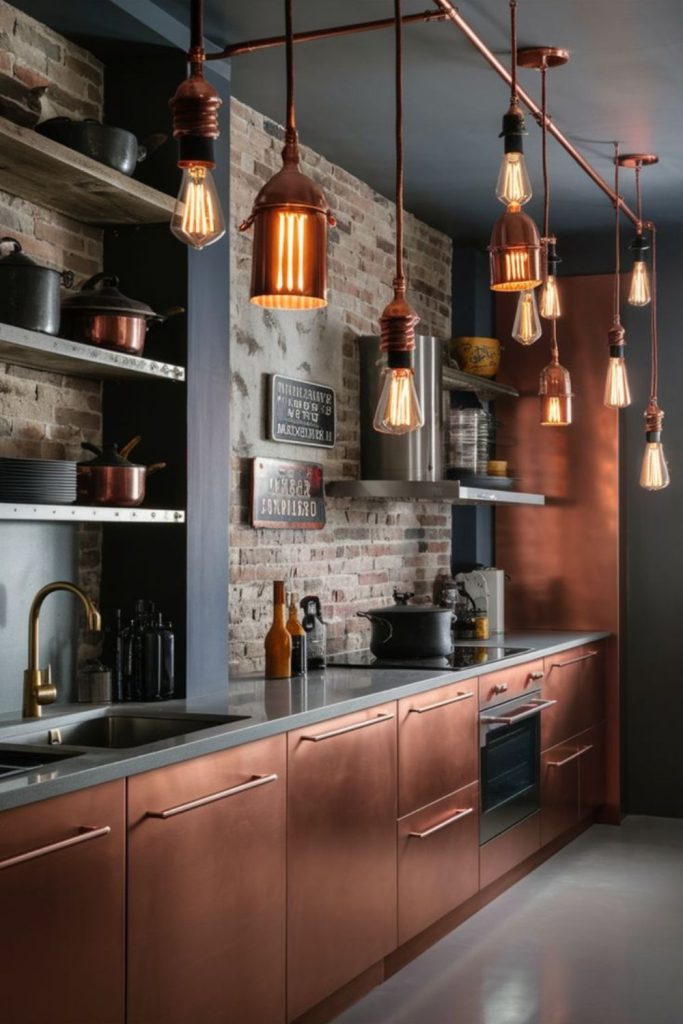 Subtle metallic fixtures with soft industrial elegance.