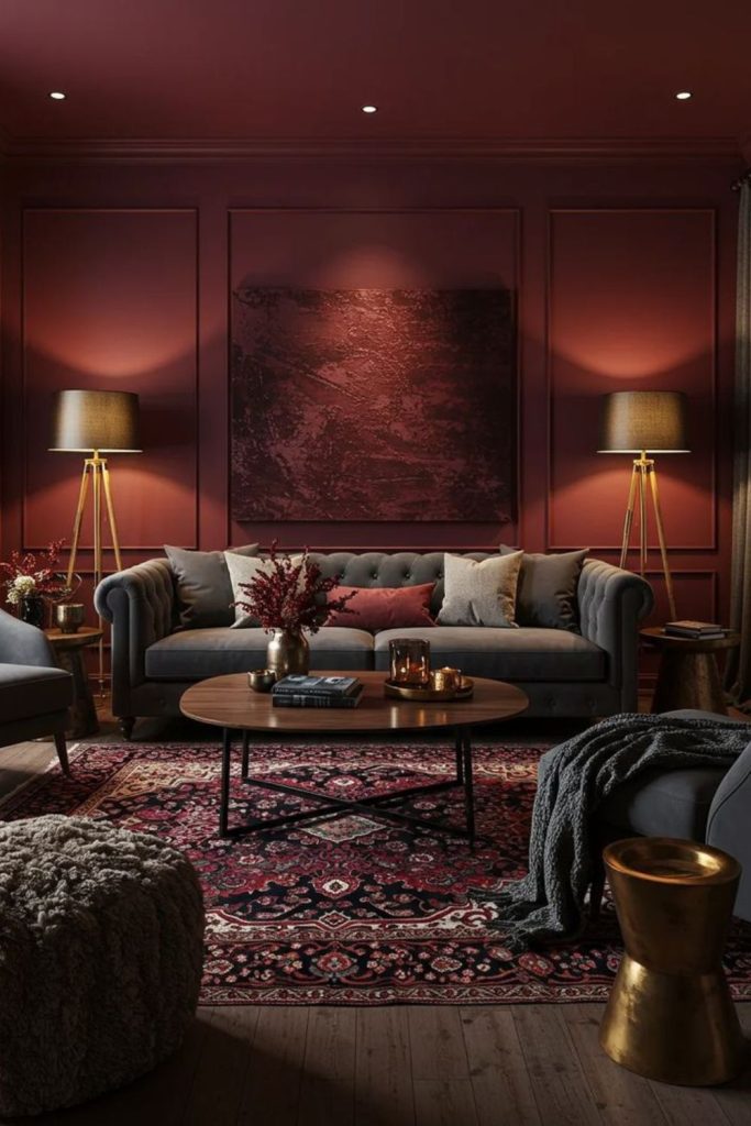 Luxe burgundy loft dramatic high ceiling