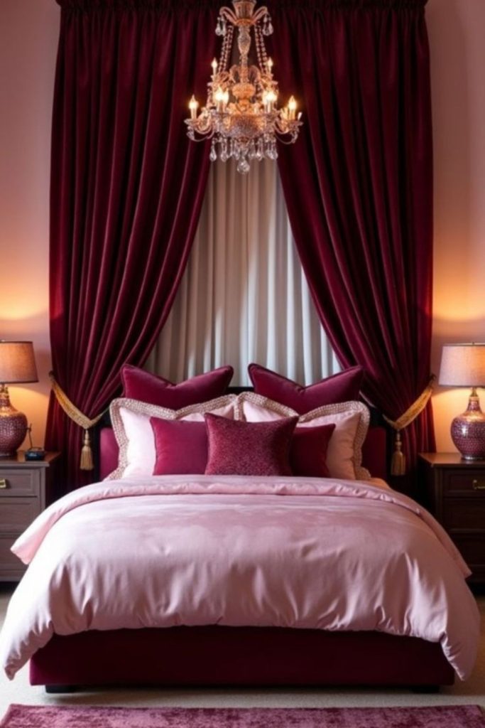 Luxe burgundy bedroom plush elegant comfort