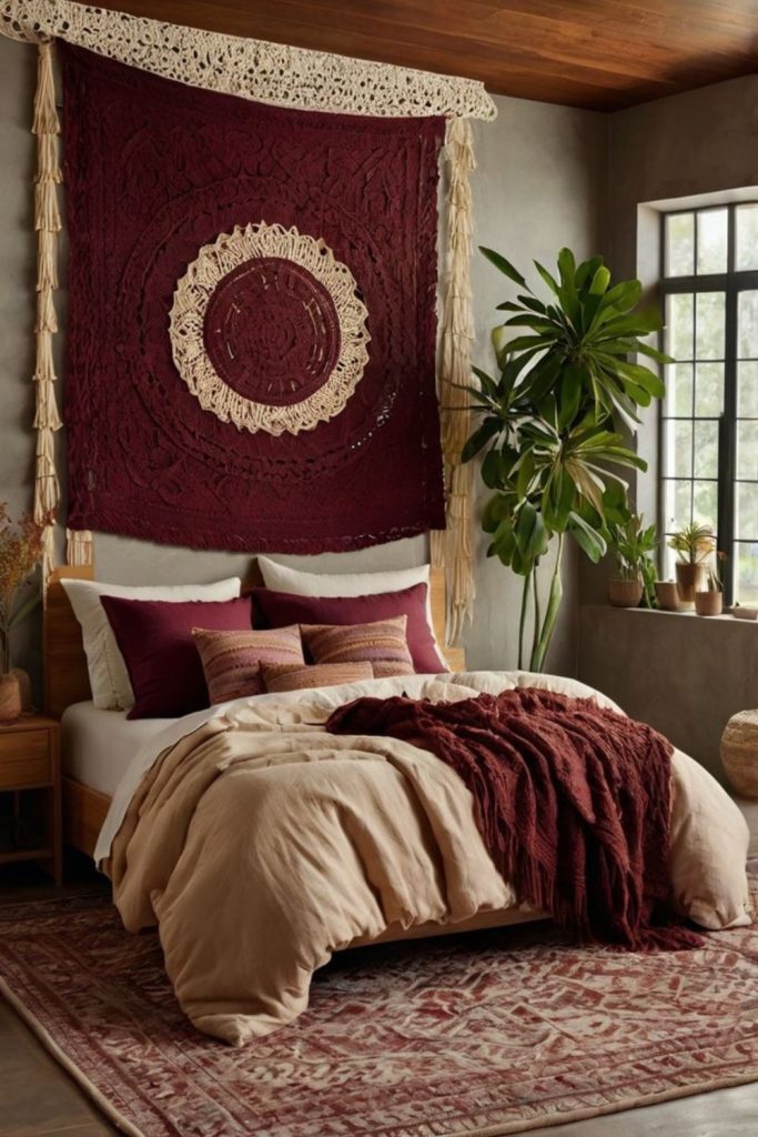 Scandinavian burgundy bedroom minimalist tranquil vibe