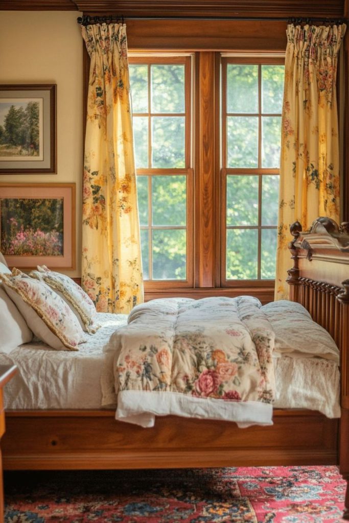 Yellow cottage bedroom with buttercups