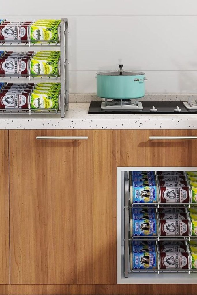 Vertical racks organize canned food efficiently.