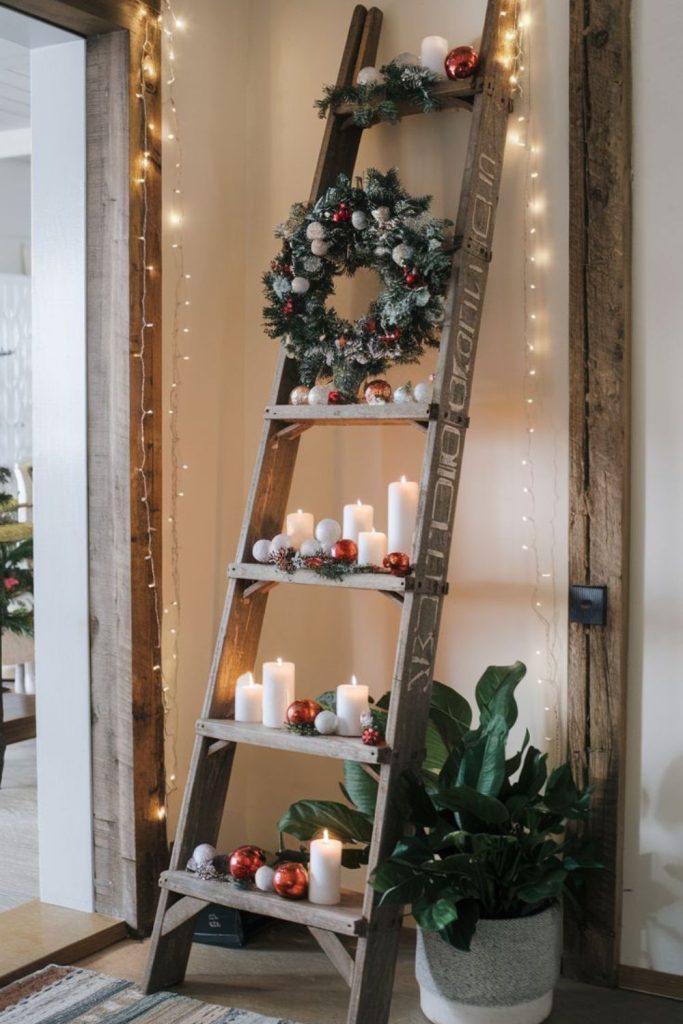 Wooden ladder holding staggered glowing candles.