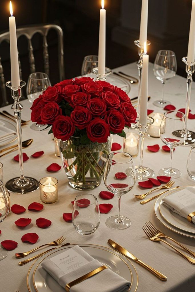 Romantic table setup with candles and petals.