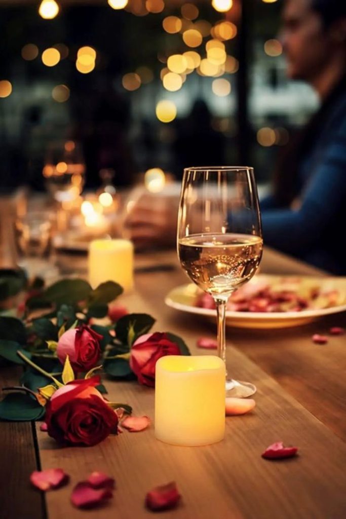 Intimate candle-lit corner with wine ambiance.