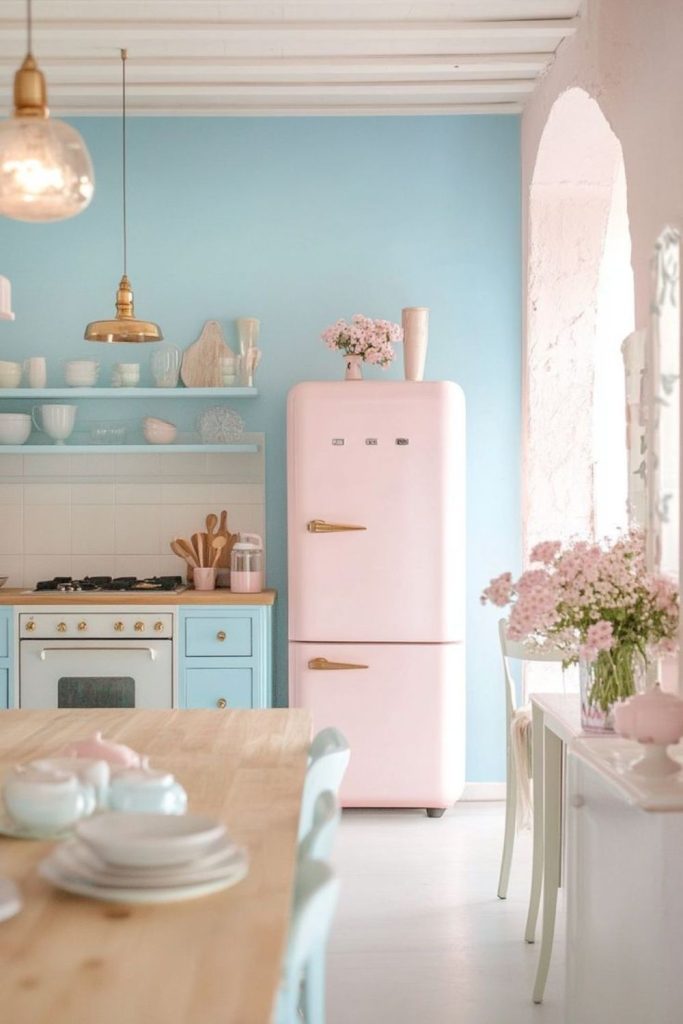 Pastel kitchen with floating candy shelves