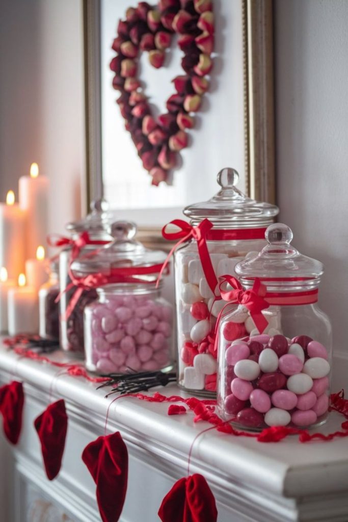 Jars filled with heart-shaped candies displayed.