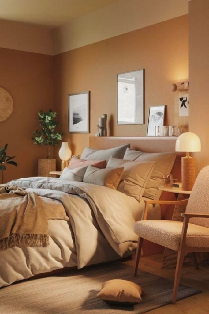 Caramel quilt warm autumn cozy bedroom.