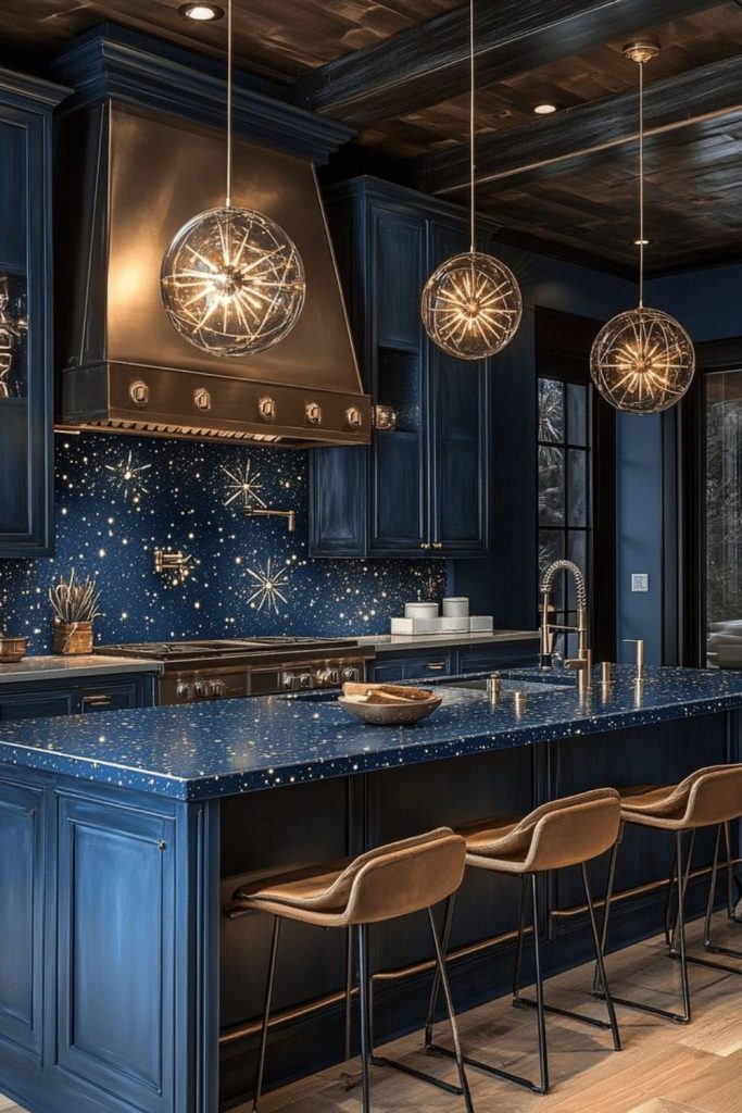 Starry night kitchen with floating clock