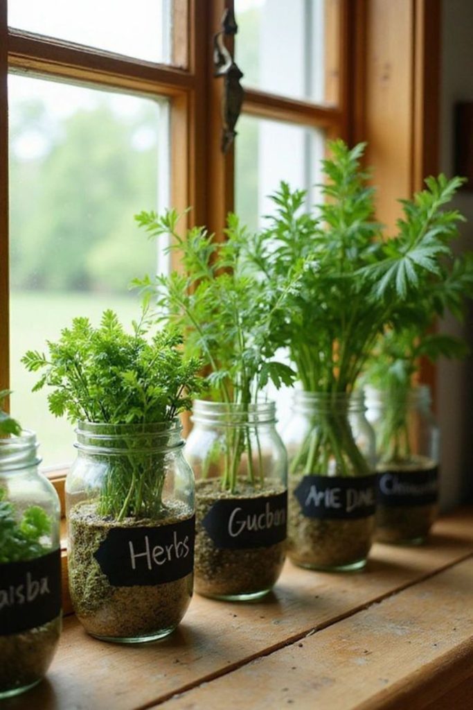 Handcrafted pots growing fragrant kitchen herbs