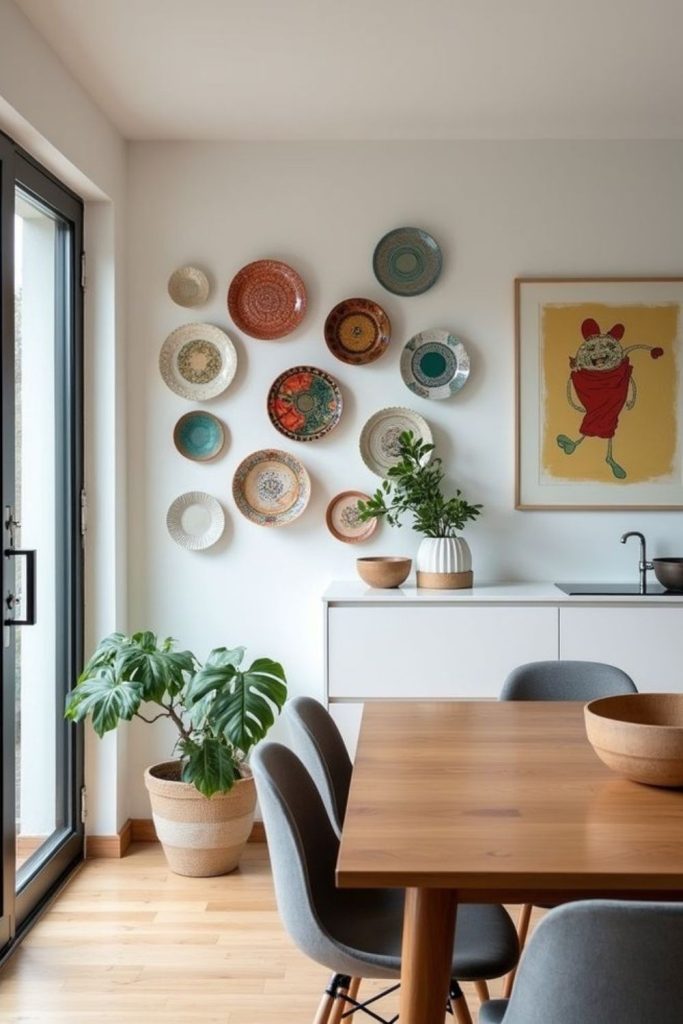 Ceramic plates arranged creatively on blank wall.