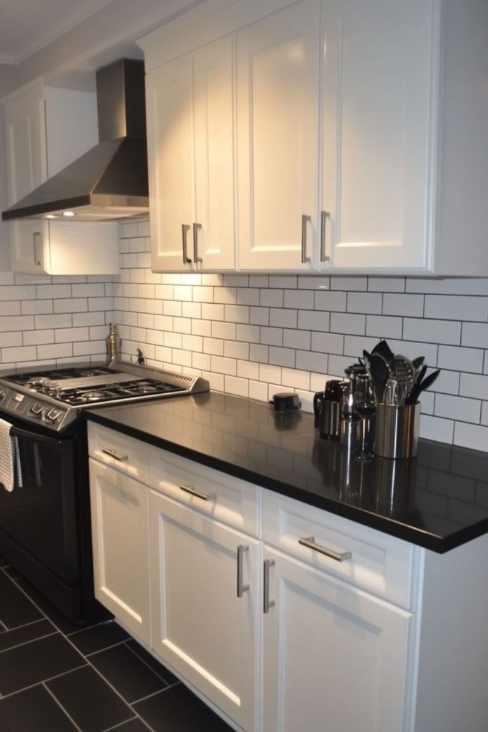 White fronts illuminate black stone counters.